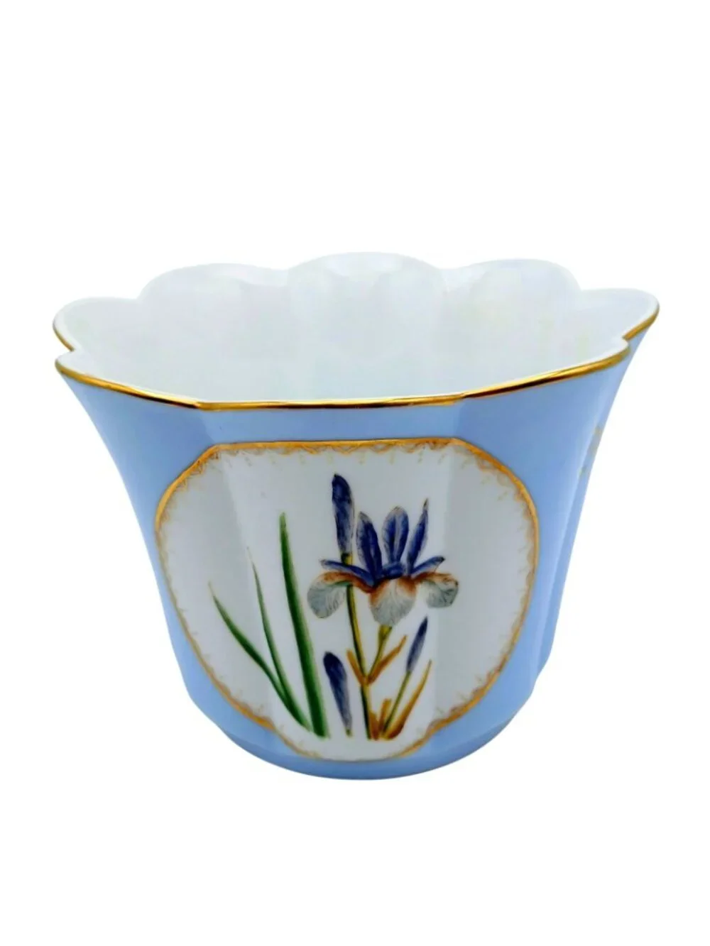Vintage Blue Iris Cachepot Planter Scalloped Gold Trim Porcelain 5 in